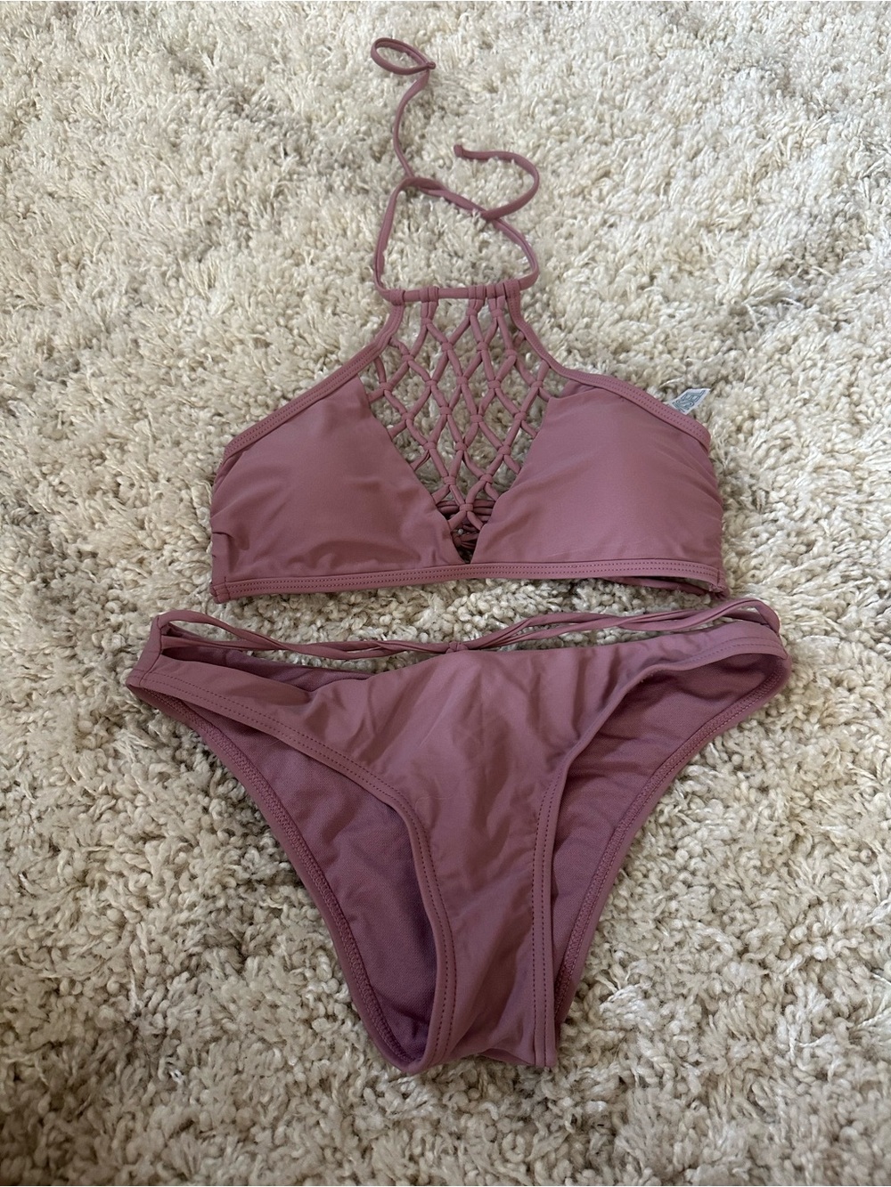 Buckle Mauve Crochet High-Neck Bikini Set